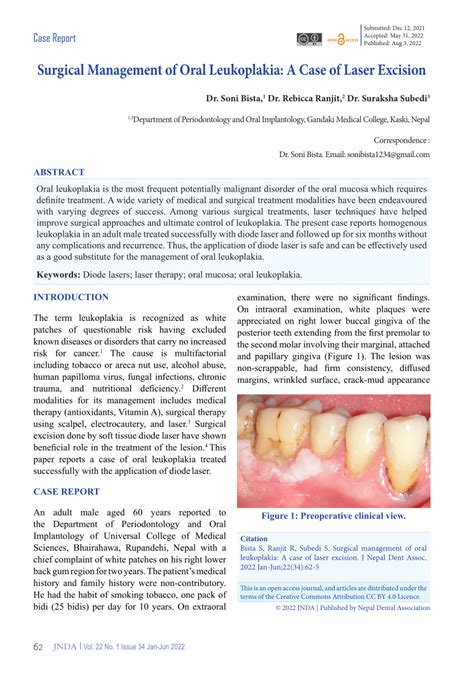 Pdf Surgical Management Of Oral Leukoplakia A Case Of Laser Excision