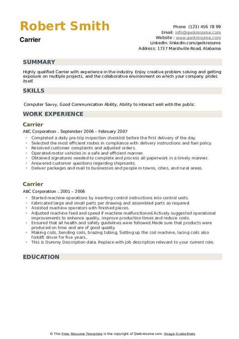 Hiring managers are busy people. Carrier Resume Samples | QwikResume