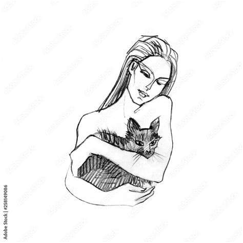 Hand Drawn Illustration Of Young Girl Holding In Her Hands Hugging A