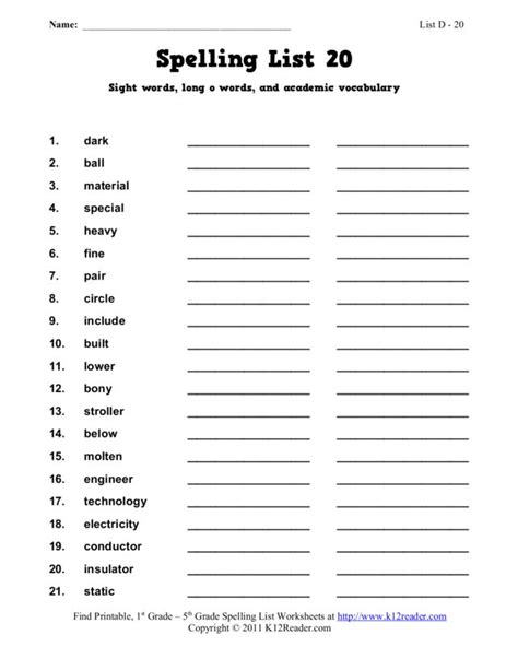 Spelling List 20 Sight Words Long O Words And Academic Vocabulary