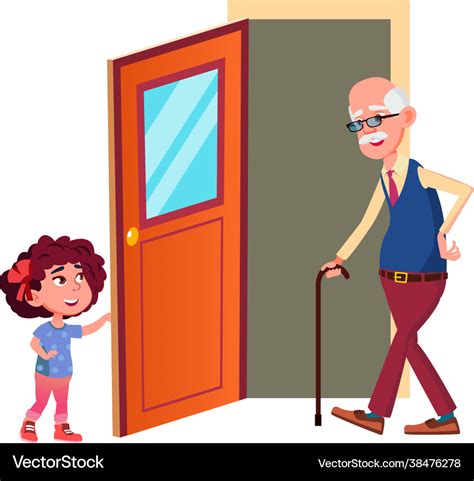 Girl Child Opening Door For Grandfather Royalty Free Vector