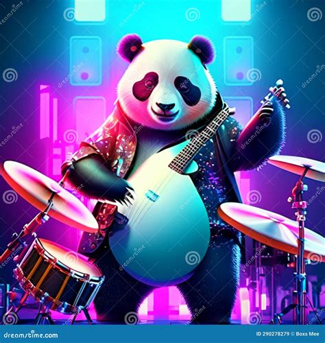Panda Playing The Drums Vector Illustration In Bright Neon Colors