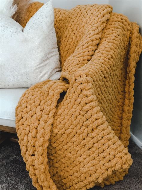 Handmade Chunky Knit Blanket Soft Chenille Throw Mustard Etsy