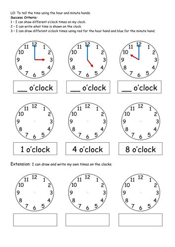 Clock Prompt Sheet Oclock Half Past Quarter Past Quarter To Telling