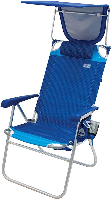 A beach chair with canopy protects your shoulder, head and upper body from sunshine and sun glare. RIO Beach Hi-Boy 17" Extended Seat Height Folding Beach ...
