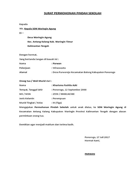 Contoh surat permohonan pindah kerja pegawai negeri sipil terbaru resmi. Surat Permohonan Pindah Sekolah