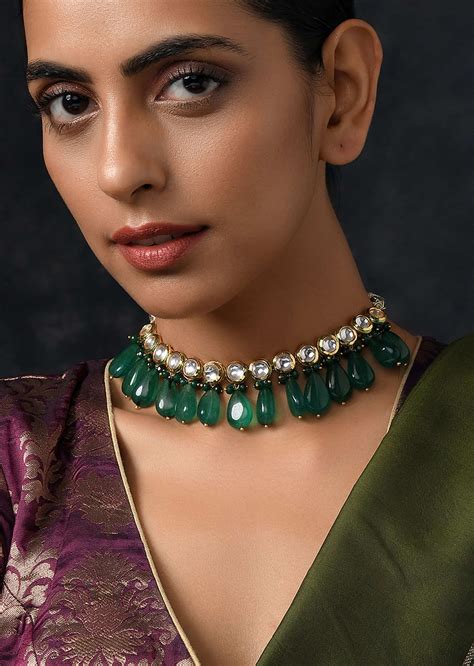 Buy Green Gold Plated Kundan Choker Necklace