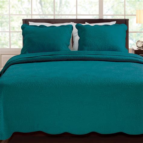 Full Queen Cotton Quilt Set Floral Pattern Scalloped In Teal Teal