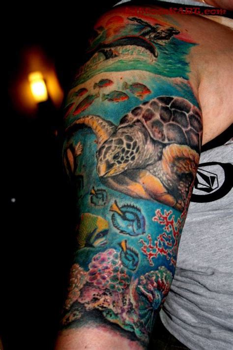 Turtle And Fish Ocean Tattoos On Half Sleeve Ocean Tattoos Unique