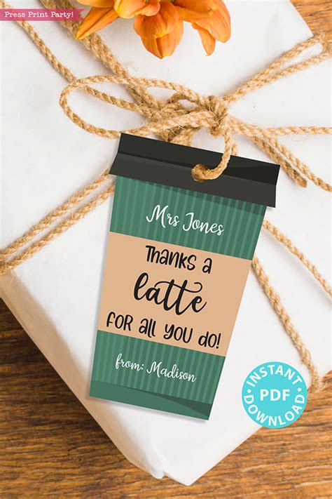 Teacher Appreciation Tag For Coffee Green Cup Press Print Party