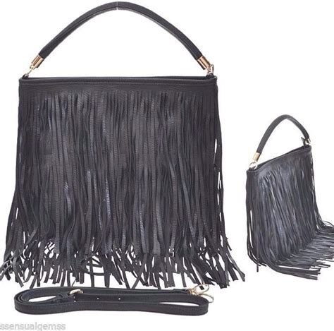 Handbag Purse Long Fringe Faux Leather Black New Fringe Handbags