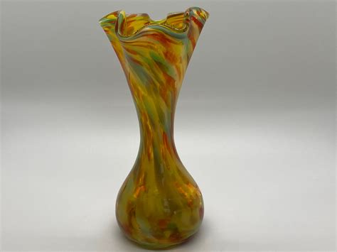 Vintage Hand Blown Art Glass Ruffled Edge Vase Yellow Orange Etsy