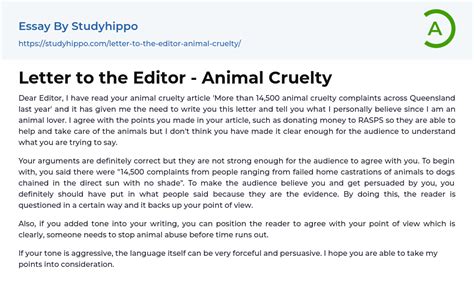 Letter To The Editor Animal Cruelty Essay Example