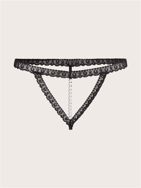 Floral Lace Pearl Chain Detail Crotchless Panty Shein Usa