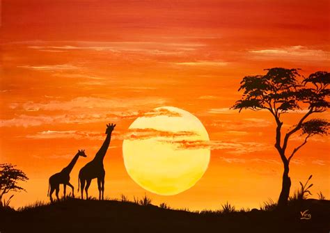 African Art Sunset Original Art Africa Giraffe Elephant Lion