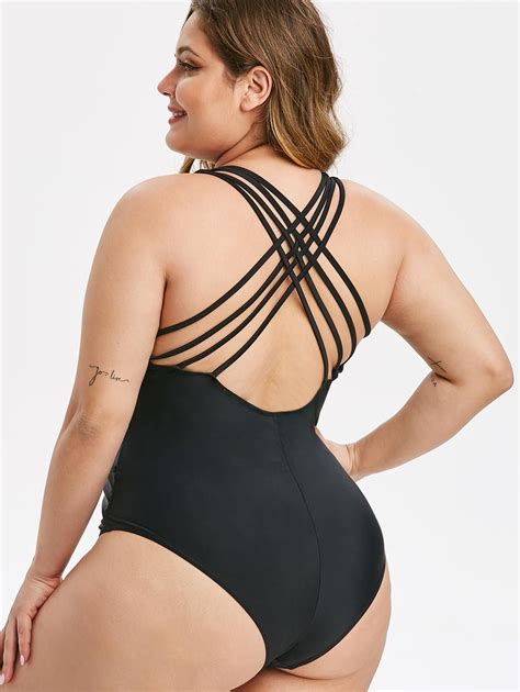 39 OFF 2020 Mesh Panel Lattice Plus Size One Piece Swimsuit In BLACK