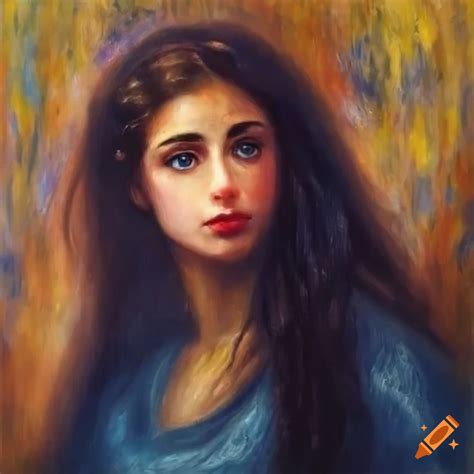 Oil Painting Of A Beautiful Arab Woman With Blue Eyes And Long Brown