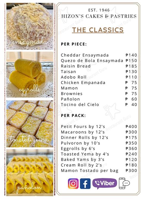 Menu At Hizons Cakes And Pastries Cafe Manila J Bocobo