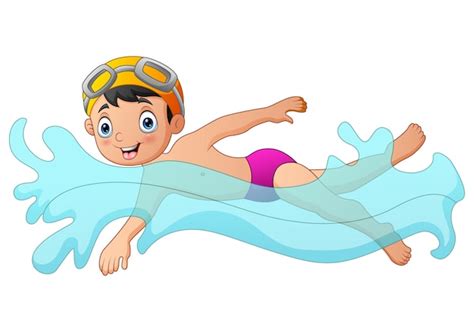 Dibujos Animados Niño Nadador En La Piscina Vector Premium