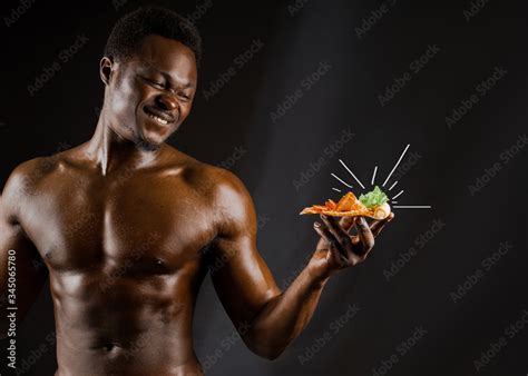 Black Handsome Naked Man Eats A Pizza With Cheese Boards Safety Food Delivery For People Who