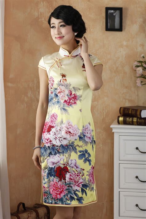 Impressive Peony Flowers Silk Cheongsam Yellow Qipao Cheongsam Dresses Women
