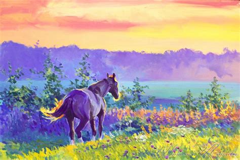 Картина с лошадью Утро в полях холст масло Наталия Ширяева
