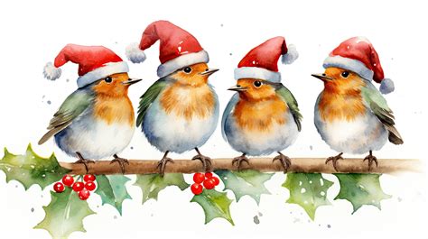 An Illustration Features Three Cute Robins Wearing Santa Hats Perched