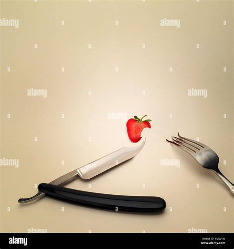 Cut Throat Razor Knife Fork And Strawberry Digitally Manipulated