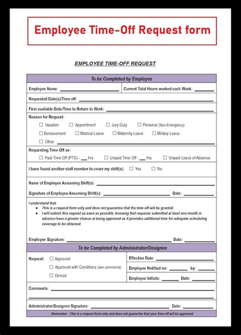 Employee Time Off Request Form Pdf And Word File Instant Etsy