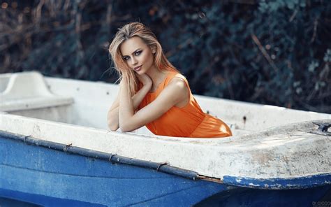 Wallpaper Boat Women Outdoors Model Blonde Alessandro Di Cicco Sitting Dress Blue