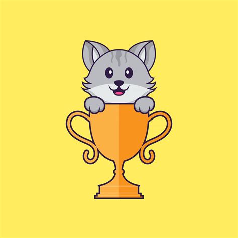 Cute Cat With Gold Trophy Animal Cartoon Concept Isolated Can Used