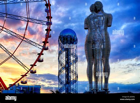 Ali And Nino Sculpture Batumi Ferris Wheel And The Alphabet Tower In
