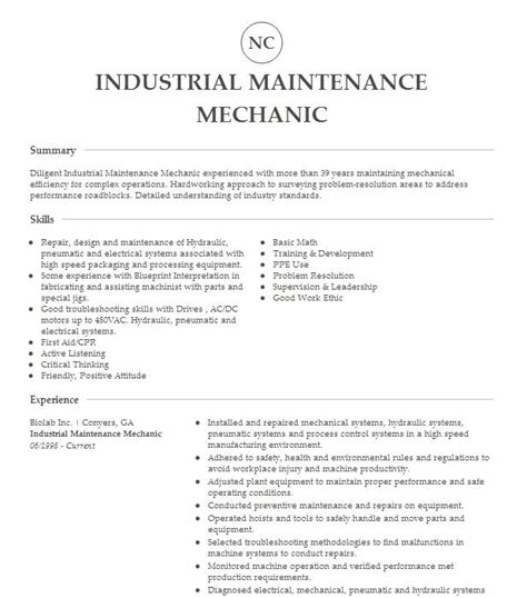 Industrial Maintenance Mechanic Resume Example