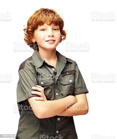 Happy Cute Kid With Arms Crossed Isolated On White Stock Photo