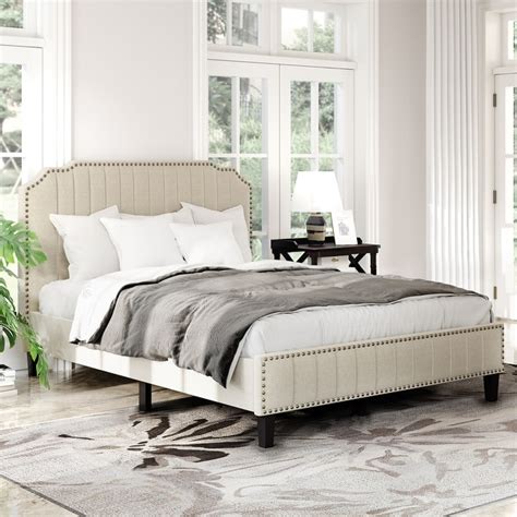 Merax Modern Linen Curved Upholstered Platform Bed With Solid Wood