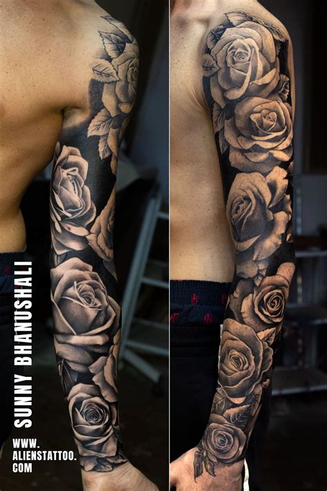 Rose Sleeve On Actor Laurie Calvert By Sunny Bhanushali At Aliens Tattoo India Rose Tattoo