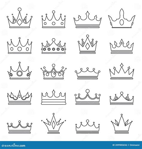 Lineart Medieval Royal Crown Queen Monarch King Lord Outline Icons Set
