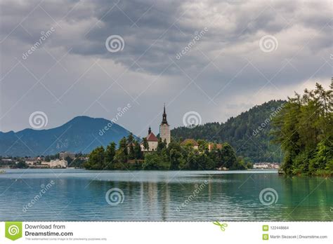 Bled Lake After The Storm With Dark Clouds Slovenia Touristic Place In