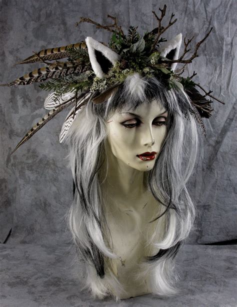 Women Who Run With Wolves Full Black And White Wig W Ears Headpiece
