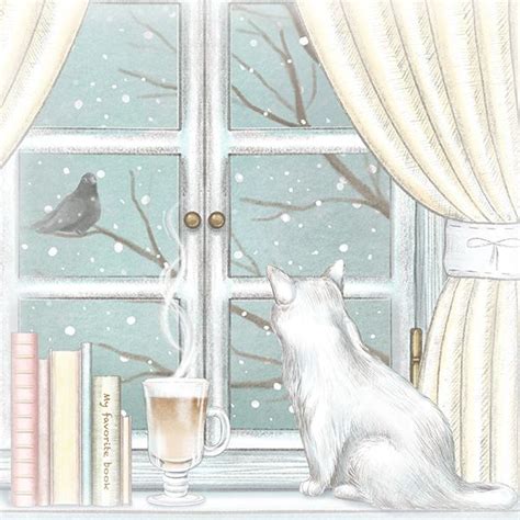 Drawing Of Cat On The Window With Winter Landscape Window