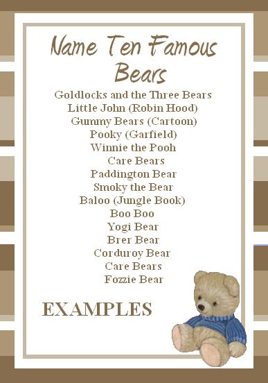 Free Teddy Bear Game Famous Bears Name Game