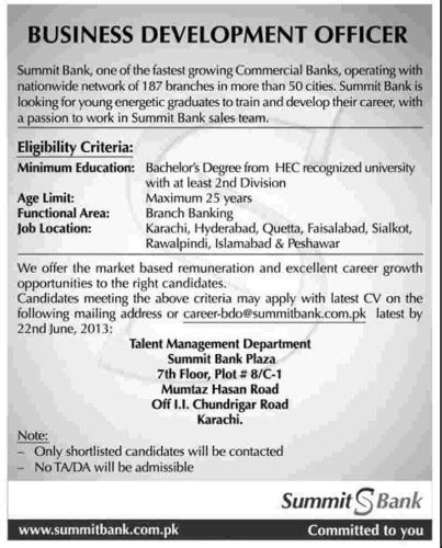 Business Development Officer Job In Summit Bank Karachi Jobs In Pakistan Dawn Jang Express