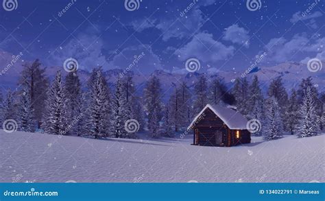 Solitary Log Hut In Mountain At Snowy Winter Night Stock Video Video
