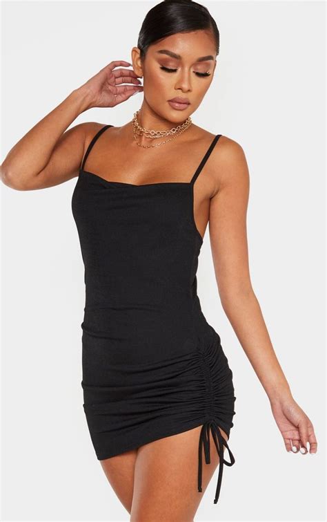 Black Cowl Neck Ruched Side Bodycon Dress Tight Dresses Dresses Dresses Dreamy Dress Cute