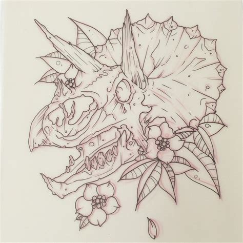 Luxury Outline Horned Dinosaur Skull With Flowers Tattoo