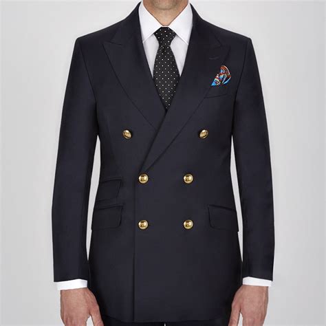 Navy Plain Wool Double Breasted Blazer Dress Suits For Men Double