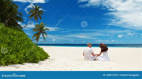 Happy Honeymoon Vacation At Summer Couple Relax On The White Sand Of