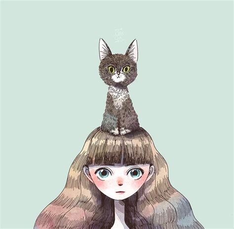Little Cat Sitting On A Girls Head Cat Art Cute Art Cute Drawings