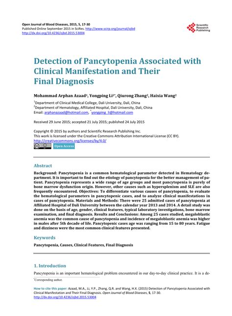 PDF Detection Of Pancytopenia Associated With Clinical Manifestation
