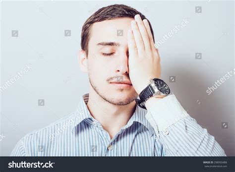 Young Man Closed His Eyes Hand Stock Photo 298950488 Shutterstock